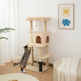 PawHut Arbore pentru Pisici Multilevel Înalt 132 cm cu Căsuță, Culcuș, Stâlpi Zgâriători, Perie și Biliță, Bej | Aosom Romania