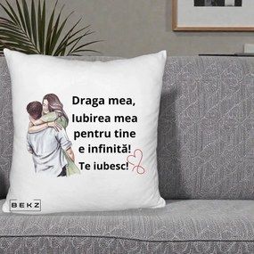 Cadou pentru Iubita - Perna Personalizata Draga Mea Iubirea Mea Infinita Te Iubesc cu Cuplu Acuarela, 40x40 cm, Alb Pufos, Husa Detasabila, Perna Inclusa, BEKZ®
