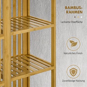 HOMCOM Dulap Deschis din Bambus cu 2 Uși Glisante, Garderobă cu Rafturi și Bară de Haine, 145x35x165 cm, Lemn Natural | Aosom Romania