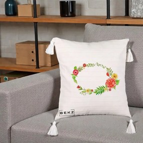 Perna Decorativa Coroana Florala Acuarela, 40x40 cm, Bej cu Franjuri, Husa Detasabila, Perna Inclusa, BEKZ®