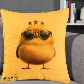 Perna Decorativa Pui Gold Star cu Ochelari Aurii, 40x40 cm, Galben, Husa Detasabila, Perna Inclusa, BEKZ®