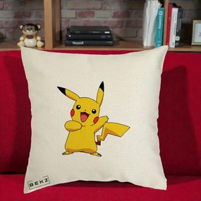Perna Personalizata Pikachu Fericit, 40x40 cm, Ecru, Husa Detasabila, Perna Inclusa, BEKZ®