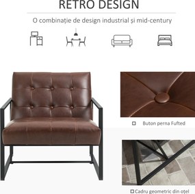 Fotoliu Stil Industrial Matlasat cu Nasturi, Mobilier Modern Fotoliu scaun din metal si PU, 62x74x78cm Maro HOMCOM | Aosom RO