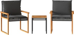 vidaXL Set bistro cu perne, 3 piese, negru, poliratan și lemn acacia