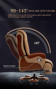 EXECUTIVE SIGNATURE 8033 – Scaun directorial din piele naturala si lemn masiv, Masaj in 9 puncte si Incalzire, rezistent 150 kg, Khaki