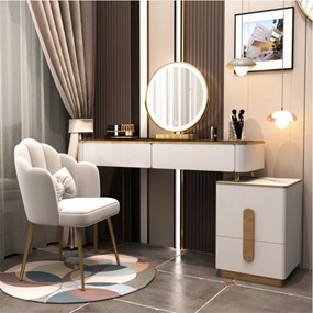 RESIGILAT Set Rochelle, Masă de toaletă pentru machiaj cu oglindă iluminată LED, control touch, 4 sertare, comoda, scaun, Alb/Auriu,