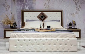 Dormitor Riga, culoare nuc / alb, cu dulap 200 cm, comoda si 2 noptiere