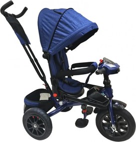 Tricicleta cu copertina NOVOKIDS Super Trike, Cu melodii si lumini, Roti din cauciuc, Pozitie somn, Scaun reversibil cu rotatie 360 grade, Albastru