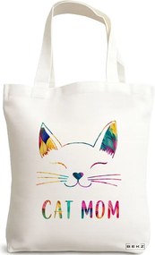 Sacosa de Panza pentru Cumparaturi, Geanta Tote, model Cat Mom, 38x34.5 cm, Alba, BEKZ®