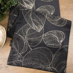 Traversa pentru masa centrală din catifea cu imprimeu negru lucios de frunze Lățime: 35 cm | Lungime: 180 cm