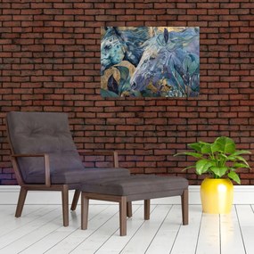 Tablou pe sticlă - Cai cu fundal auriu (70x50 cm)