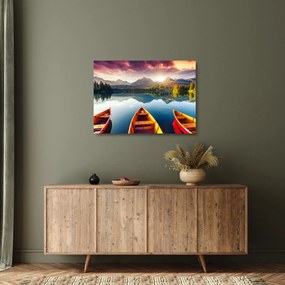 Tablou pe sticlă - Lac cu bărci (70x50 cm)