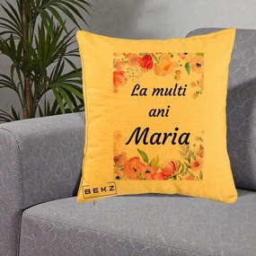 Cadou de Onomastica - Perna Personalizata La Multi Ani Maria Flori Acuarela, 40x40 cm, Galben, Husa Detasabila, Perna Inclusa, BEKZ®