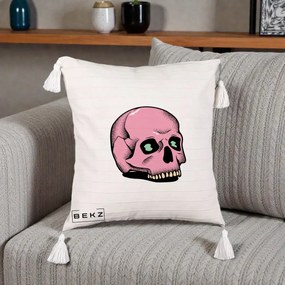 Perna Decorativa Craniu Roz Tatoo Art Halloween, 40x40 cm, Bej cu Franjuri, Husa Detasabila, Perna Inclusa, BEKZ®