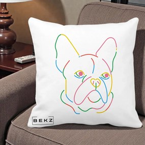 Perna Decorativa Bulldog Francez Line Art Curcubeu, 40x40 cm, Alba Mata, Husa Detasabila, Perna Inclusa, BEKZ®