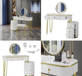 SEA422 - Set Masa toaleta, 100 cm, cosmetica machiaj, oglinda cu LED, masuta vanity - Alb-Auriu