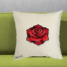 Perna Decorativa Trandafir Rosu Tattoo, 40x40 cm, Ecru, Husa Detasabila, Perna Inclusa, BEKZ®