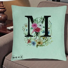 Cadou Personalizat - Perna Personalizata Monogram Litera M cu Flori Acuarela, 40x40 cm, Verde Menta, Husa Detasabila, Perna Inclusa, BEKZ®