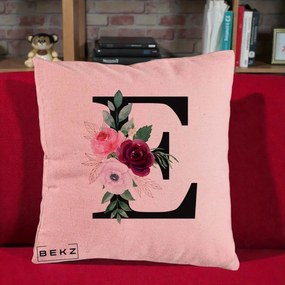 Cadou Personalizat - Perna Personalizata Monograma Florala Litera E, 40x40 cm, Roz, Husa Detasabila, Perna Inclusa, BEKZ®