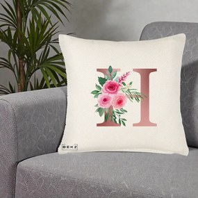 Cadou Personalizat - Perna Personalizata Monograma Rose Gold Litera H, 40x40 cm, Crem Reliefat, Husa Detasabila, Perna Inclusa, BEKZ®