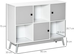 HOMCOM Bufet, mobilier de depozitare cu 3 uși și 3 compartimente deschise, picioare din lemn de pin, 96x30x75cm, alb și gri | Aosom Romania
