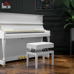 Scaun de Pian HOMCOM Reglabil cu Compartiment de Depozitare și Scaun Imbunătățit, 54.5x33x48-58 cm, Alb | Aosom Romania