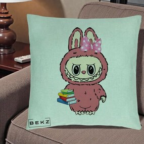 Perna Personalizata Labubu Roz cu Funda si Carti, 40x40 cm, Verde Menta, Husa Detasabila, Perna Inclusa, BEKZ®