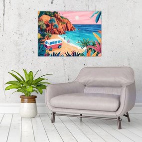 Tablou pe sticlă - Rulotă la ocean (70x50 cm)