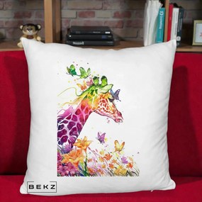 Perna Decorativa Girafa Curcubeu Acuarela, 40x40 cm, Alb Pufos, Husa Detasabila, Perna Inclusa, BEKZ®