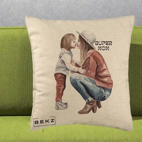 Cadou pentru Mama - Perna Personalizata Super Mom Acuarela, 40x40 cm, Bej, Husa Detasabila, Perna Inclusa, BEKZ®