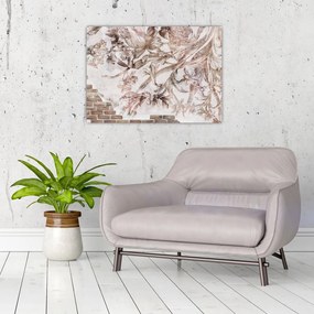 Tablou pe sticlă - Frescă florală pe un perete de cărămidă (70x50 cm)