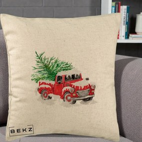Perna Decorativa Camioneta Rosie Brad de Craciun, 40x40 cm, Bej, Husa Detasabila, Perna Inclusa, BEKZ®