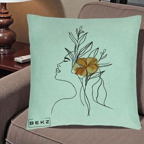 Perna Decorativa Portret Feminin Floare Portocalie Lateral, 40x40 cm, Verde Menta, Husa Detasabila, Perna Inclusa, BEKZ®