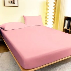 Cearceaf de pat cu elastic, 180x200cm, 2 fete de perna, 50x70cm, bumbac, roz