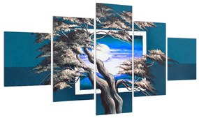 Tablou albastru cu copac și răsărit de soare (125x70 cm), în 40 de alte dimensiuni noi