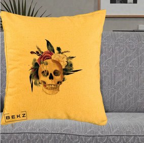 Perna Decorativa Craniu Floral cu Trandafiri si Ciuperci, 40x40 cm, Galben, Husa Detasabila, Perna Inclusa, BEKZ®