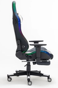 Scaun gaming, Masaj in 7 puncte, Incalzire, sistem iluminare bandă LED RGB, boxe Bluetooth, masaj în perna lombară, sezut benzi elastice sustinere, funcție șezlong, 90-180 grade, suport picioare, Negru/Alb