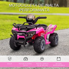 HOMCOM ATV Eletric pentru Copii 18-36 Luni cu Baterie Reincarcabila 6V, Mini ATV pentru Copii din Metal si PP, 70x42x45 cm, Roz | Aosom Romania