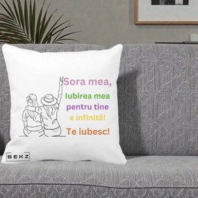 Cadou pentru Sora - Perna Personalizata Sora Mea Te Iubesc Doua Fete cu Palarie si Umbrela, 40x40 cm, Alba Mata, Husa Detasabila, Perna Inclusa, BEKZ®