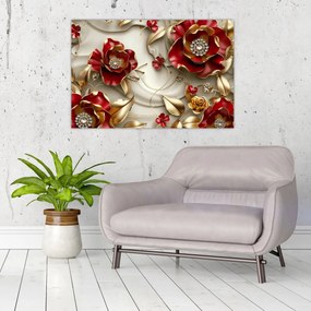 Tablou - Flori 3D Roșu-Auriu (90x60 cm)