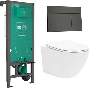 Rezervor incastrat Hansgrohe iFrame 112 cm cu clapeta iFrame Element E negru periat plus vas WC Rune Ivaldi alb cu capac softclose
