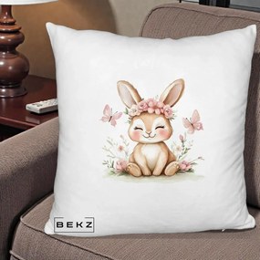 Perna Decorativa Iepuras cu Coronita Florala Roz, 40x40 cm, Alb Pufos, Husa Detasabila, Perna Inclusa, BEKZ®