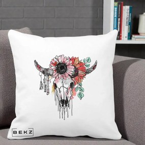 Perna Decorativa Craniu Boho Floral, 40x40 cm, Alba Mata, Husa Detasabila, Perna Inclusa, BEKZ®