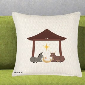 Perna Decorativa Ieslea din Betleem cu Iesle Asin si Bou, 40x40 cm, Crem Reliefat, Husa Detasabila, Perna Inclusa, BEKZ®