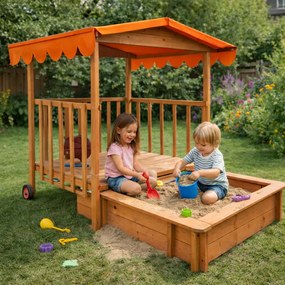 Groapa cu nisip cu verandă HAPPY, 130x130x143cm, maro/portocale Jurhan