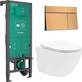 Rezervor incastrat Hansgrohe iFrame 112 cm cu clapeta iFrame Element E bronz periat plus vas WC Rune Ivaldi alb cu capac softclose