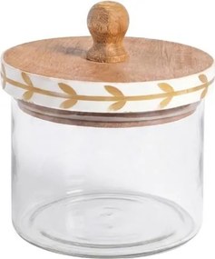 Borcan din sticlă natur cu capac din lemn de mango, model cu frunze stilizate pictat manual, 14 × 12 cm, „Bocage"