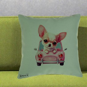 Perna Decorativa Chihuahua Roz in Masinuta, 40x40 cm, Verde, Husa Detasabila, Perna Inclusa, BEKZ®