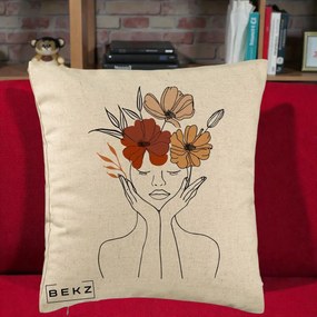 Perna Decorativa Portret Feminin Coroana Trei Flori, 40x40 cm, Bej, Husa Detasabila, Perna Inclusa, BEKZ®