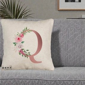 Cadou Personalizat - Perna Personalizata Monograma Rose Gold Litera Q, 40x40 cm, Bej Canapea, Husa Detasabila, Perna Inclusa, BEKZ®